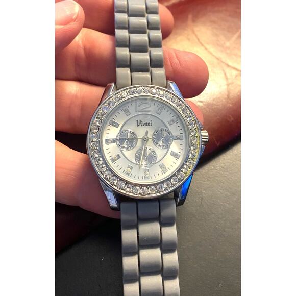Women's Silver Tone Vivani Watch, Crystal Accented Bezel and Face, Poly Band - Picture 1 of 3